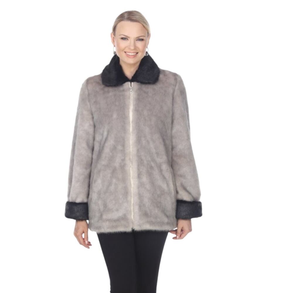Amerimode Faux Fur Zip Up Jacket Grey With Black Trim NEW Size Large